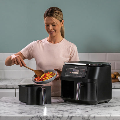 👉 Digitale Heißluftfritteuse 7,6L – Dual Zone Airfryer mit 2 Fächern, Antihaftbeschichtung, spülmaschinenfest, 6-in-1 Funktionen, für 4–6 Portionen, Schwarz