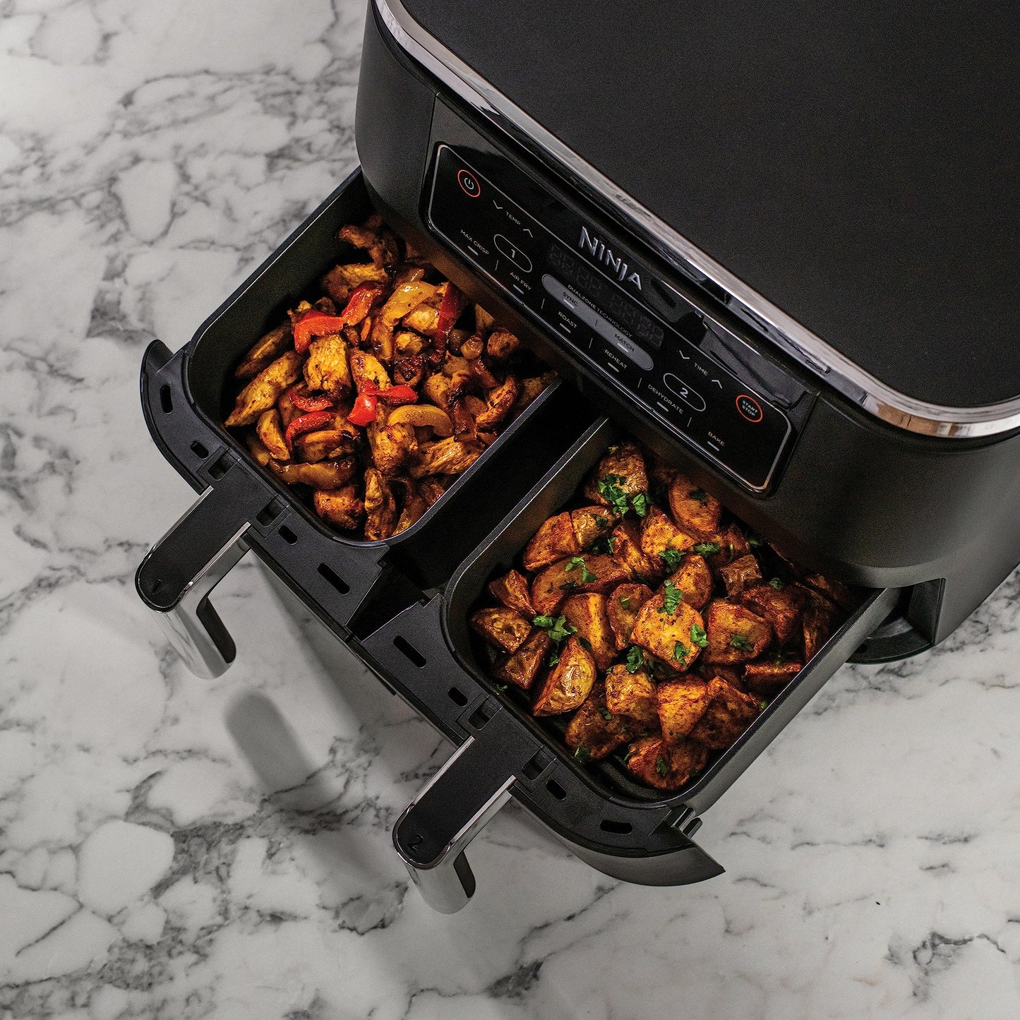 👉 Digitale Heißluftfritteuse 7,6L – Dual Zone Airfryer mit 2 Fächern, Antihaftbeschichtung, spülmaschinenfest, 6-in-1 Funktionen, für 4–6 Portionen, Schwarz